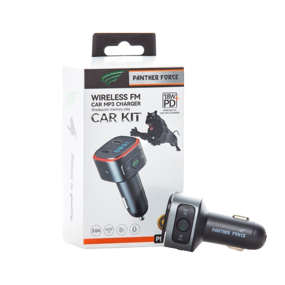 Panther Force 18W Wireless FM Car Kit with Type-C Car Charger (Multi-Light) – PF48 | Fast Charging, FM Transmitter, and LED Design Panther Force 18W Wireless FM Car Kit with Type-C Car Charger (Multi-Light) – PF48 | Fast Charging, FM Transmitter, and LED Design